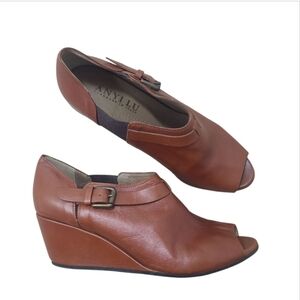 ANYI LU Peeptoe Wedge Booties Size 40 EU/ 9.5 US Brown Leather Made In Italy